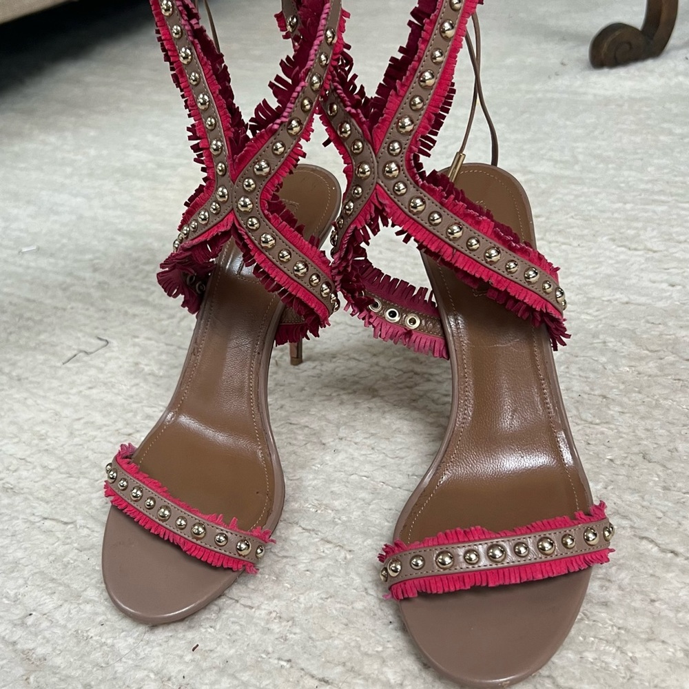 Aquazzura Lace Up Tan Heels with Pink Finge and Gold hardware Sz. 38